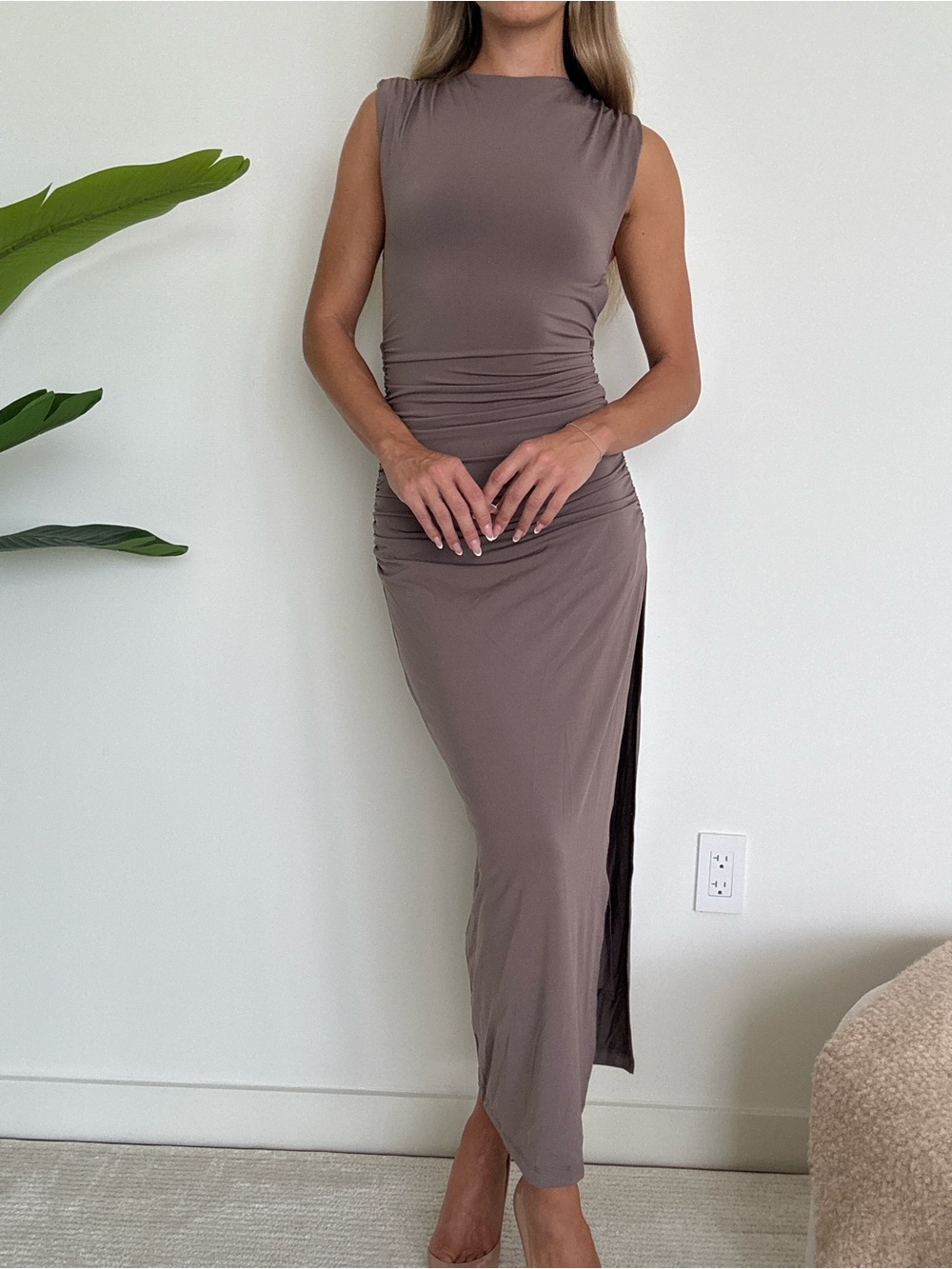 *BRAND NEW* Dynamite Sleeveless Taupe Ruched Side-Slit Maxi Dress